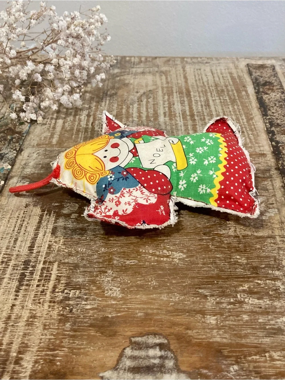 Vintage Holiday Angel Fabric Ornament - Red & Green 1980s Handmade Noel
